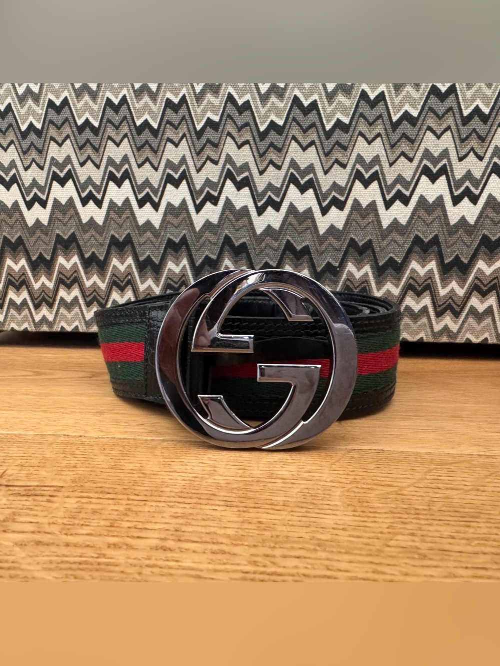 GUCCI MEN'S BLACK RED & GREEN WEB BELT WITH SILVER G BUCKLE SIZE 105 AUTHENTIC